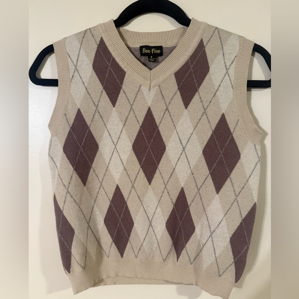 Women's Argyle V-Neck Sweater Vest - Brown and Cream